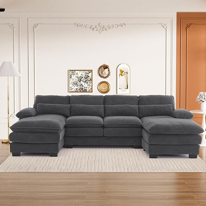 113" Cloud Couch Sectional Modular Sofa U Shaped Sectional Couches for Living Room Comfy 5-Seater Deep Seat Couch Chenille Cloud Sectional Sofa with Movable Ottoman & 4 Pillows, Dark Grey