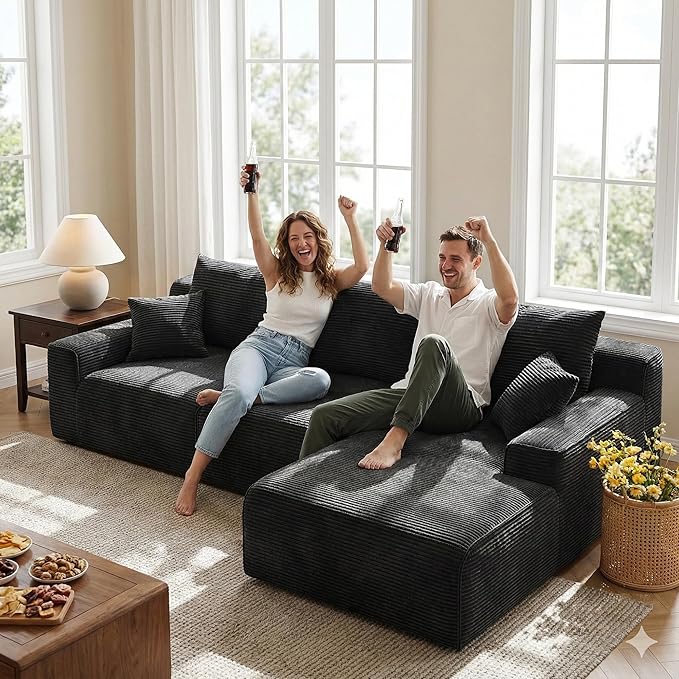 97" L-Shaped Cloud Boneless Couch with Deep Seat, Modular Sectional Sofa with Chaise, Flexible Module Combination for Living Room, Bedroom No Assembly (Black, Right Facing Chaise)