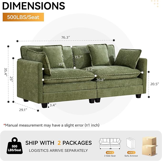 76'' Cloud Deep Seat Loveseat, Upholstered Chenille Modular 2-Seats Sectional Sofa Couch, Modern Comfy Settee Loveseat for Living Room Set, Small Apartment, Green