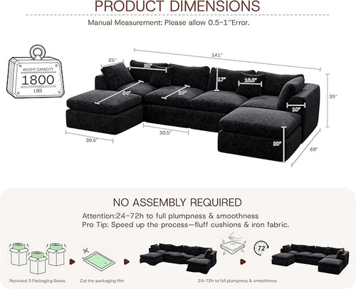 141'' Oversized Cloud Sectional Boneless Couch for Living Room, Modern Big Compressed U Shape Couch with 2 Ottoman 2 Throw Pillows, Comfy Chenille Deep Seat Memory Foam Spineless 6 Seater Sofa,Black | No Assembly Needed, Premium Chenille, Flexible Modu...