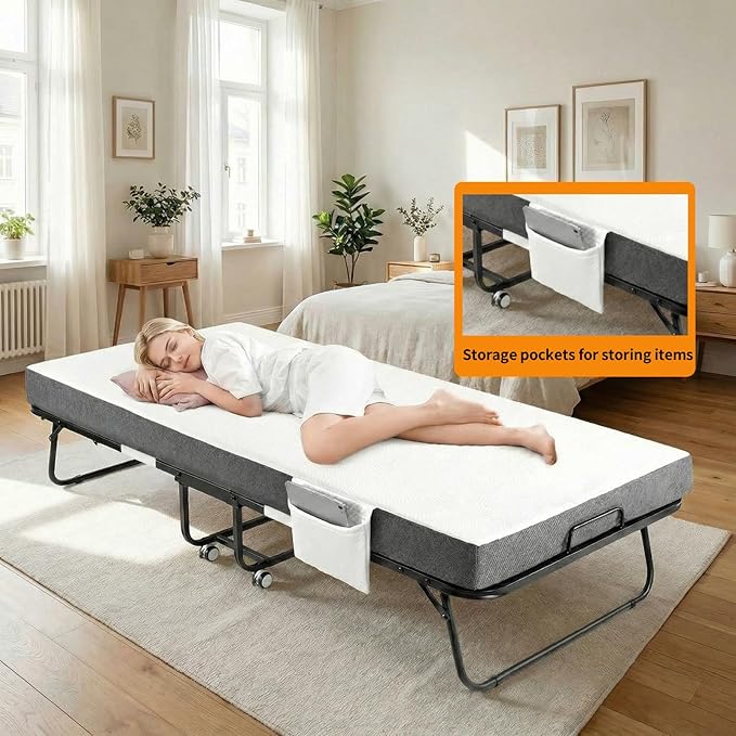 MAMIZO Foldable Bed,Portable Bed,Folding Bed with Mattress,75" x 38" Twin Size Rollaway Bed with Mattress for Adults,Metal Frame with Memory Foam Mattress,for Bedroom,Office,Camp,No Assembly Required