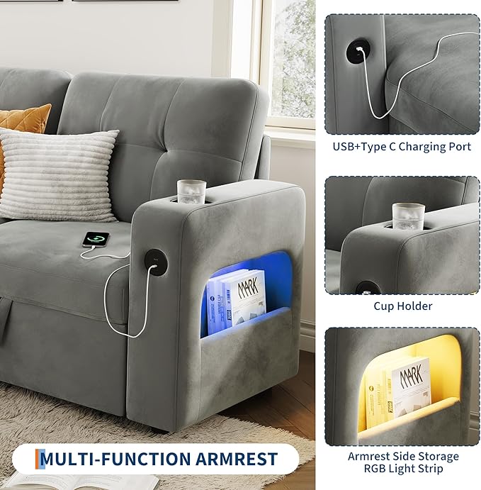 GarveeHome 84 Inch Sleeper Sofa Couch, L-Shaped Sofa, Convertible Pull Out Sofa Bed with Storage, Charging Station, Led Lights, Modern Sectional Sofa for Living Room, Apartment, Velvet, Light Grey