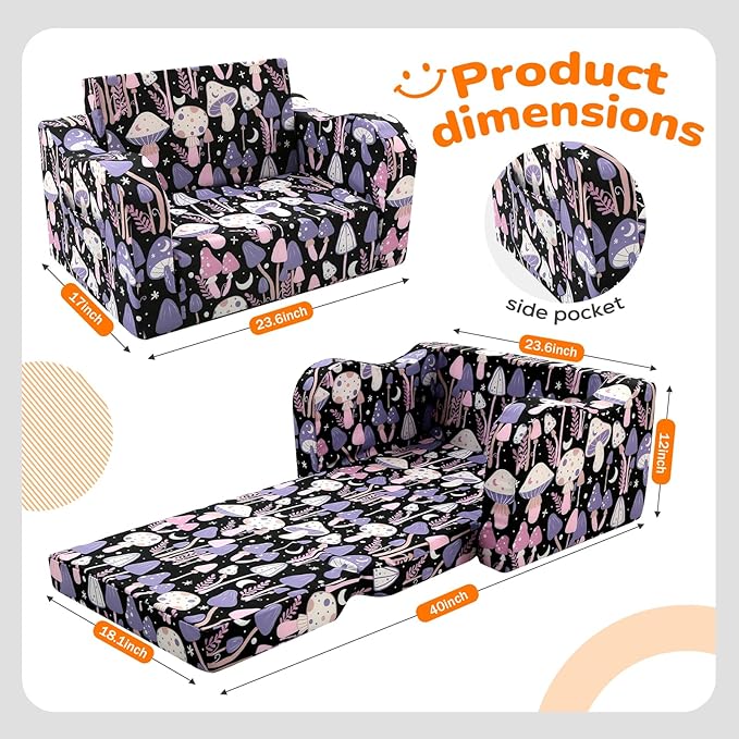 MeMoreCool Toddler Couch Chair – Foldable Kids Sofa for Ages 1–3, Fold-Out Bed with Side Pocket, Comfy & Washable Detachable Cover | Cute Patterns | Lightweight Lounger for Playroom, Naptime, Gifting