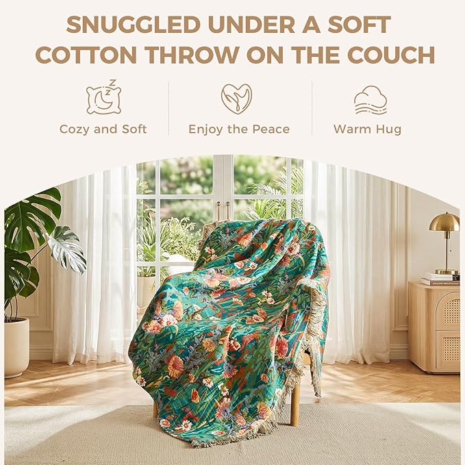 LUTBM King Size Blanket for Bed Soft Cotton Spring Lightweight Quilt Floral Embroidery King Bed Blanket,90"x108" All Season Reversible Blankets for Bedroom Living Room Decor