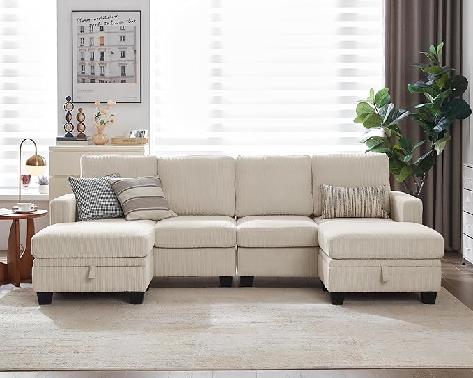 CHIC HOUSE Modular Sectional Sofa with Storage Ottomans, Corduroy Cloud Couch for Small Spaces & Apartments, Reconfigurable L/U Shaped Convertible Corner Sofa, Beige, 6 Seater Sectional