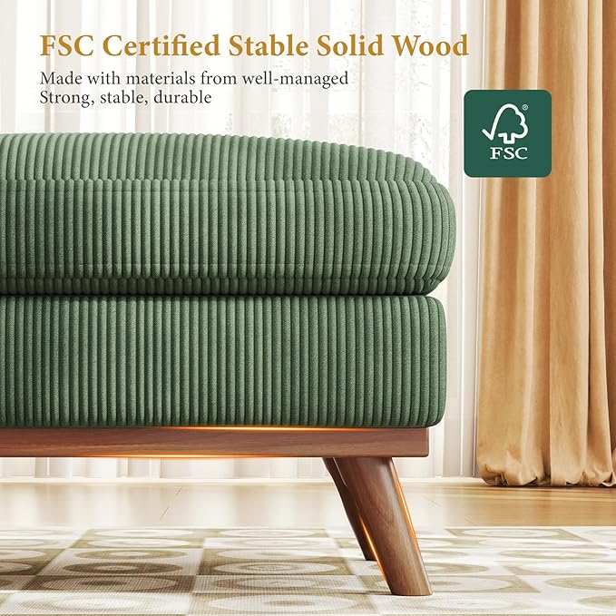 Vesgantti Large Ottoman for Modular Sofa, 29.5" Corduroy Pouf Ottoman with Spring Cushion, Rectangle Foot Rest for Couch, Entrance Footstool with Wood Legs, Footstool for Living Room, Bedroom, Green
