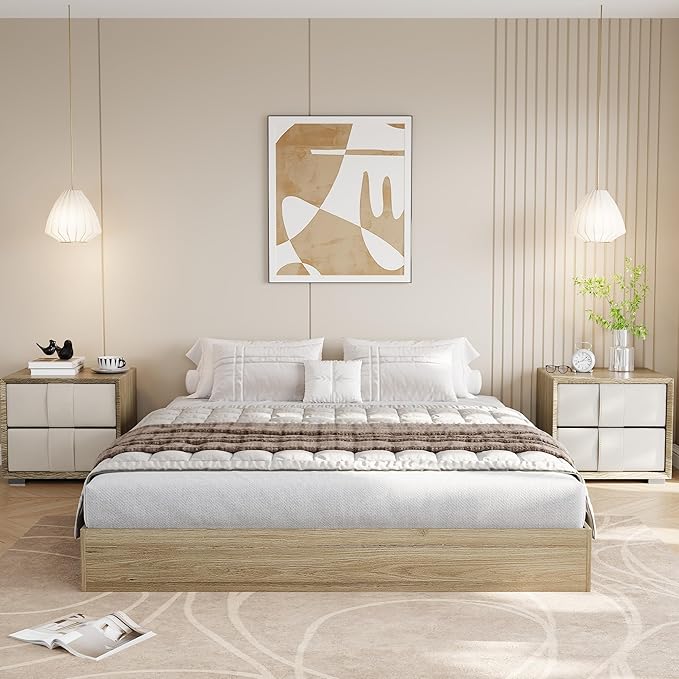 Wood Platform Bed with Sturdy Wooden Slats, King Size Floor-Standing Bed Frame, Modern Minimalist Design Bed Frame, No Box Spring Needed, Easy Assembly