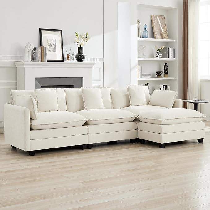 111'' Sectional Cloud Deep Seat Couch, Modern Comfy Chenille L Shaped Sectional Sofa for Living Room Set, Upholstered Modular 4-Seats Sofa Couch with Movable Ottoman, Beige
