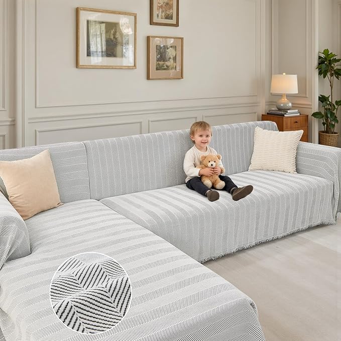 Sectional Couch Covers 2 Pieces, Chenille L Shaped Couch Cover Blanket for Sectional Sofa with Herringbone Pattern Washable Sofa Slipcovers (X-Large: 71" x 110" + 71" x 118", Off White)