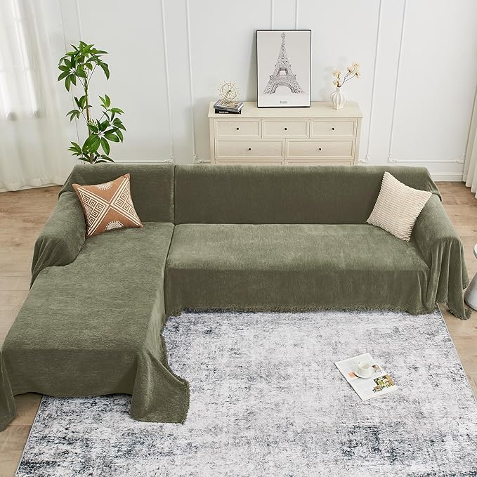 Sectional Couch Covers, 2 Pieces Chenille Sofa Cover L Shaped Couch Cover Blanket for Dogs Washable Sofa Slipcovers Pet Furniture Protector (X-Large: 71" x 110" + 71" x 118", Sage Green)