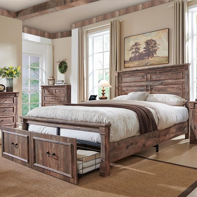 Aitjunz Farmhouse Full Size Bed Frame with 51" Tall Headboard, Wood Platform Bed Frame with 20" Tall Roman Column Decoration Footboard & 2 Large Storage Drawers, No Box Spring Needed (Light Brown)