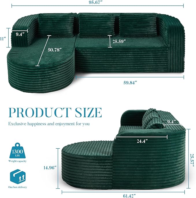 Hobestluk 96" Cloud Sectional Couch Modern Boneless Couch 3 Seater with Oversized Chaise L Shaped Modular Sofa Couches for Living Room Apartment No Assembly Required (Stripe Green,Left Facing Chaise)