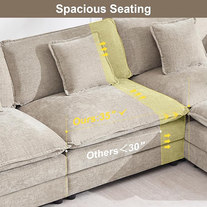 111.5" Modular Sectional Sofa, Large L Shaped Sectionals Cloud Couch, Big Comfy 3-Seat Couch with Ottoman, 4 Seater Chenille Sectional Sofa with Deep Seat and 5 Pillows for Living Room- Camel