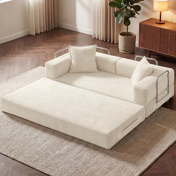 78 Inch Convertible Sofa Bed, 5-in-1 Futon Sofa Bed Pull Out Couch, Boneless Couch Bed for Living Room, Corduroy Boneless Couches for Bedroom, Apartment, No Assembly Sleeper Sofa Bed, Beige | 4 Fixed-Shape Frame, Removable Corduroy, High-density foam, ...