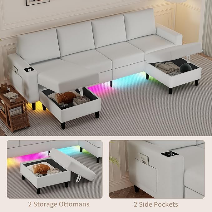 U Shaped Sectional Couches for Living Room, 109" Linen Cloud Couch with Chaise Lounge/Storage Ottoman, 4 Seat Sectional Sofa with Smart Module-Wireless Charging/USB/Type-C/RGB Lights (White)