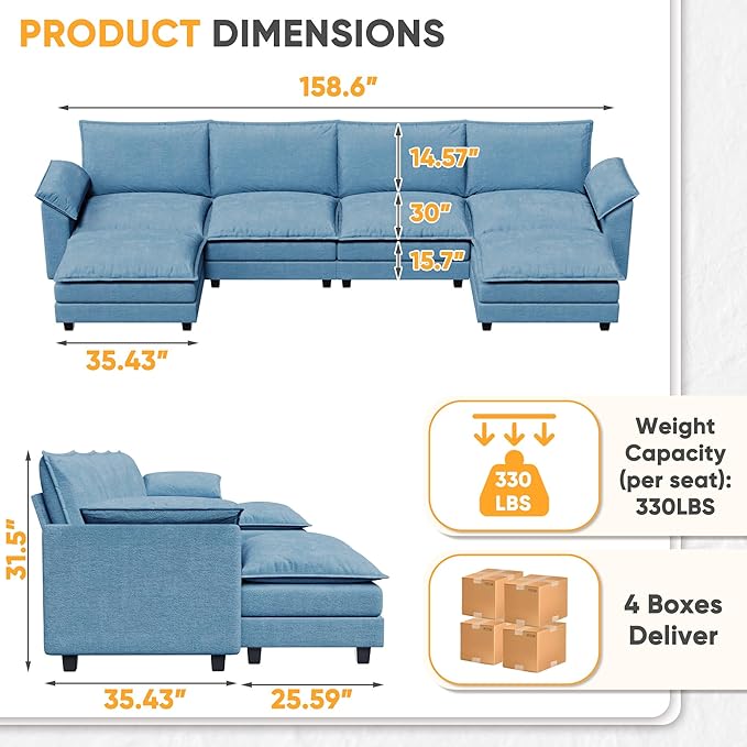 Modular Sectional Sofa with Double Layer Cushion, U Shaped Cloud Couch with 2 Movable Ottoman & Deep Seat, Oversized Chenille Sofa Couches for Living Room and Apartment (Dark Blue, U Shaped Sofa)