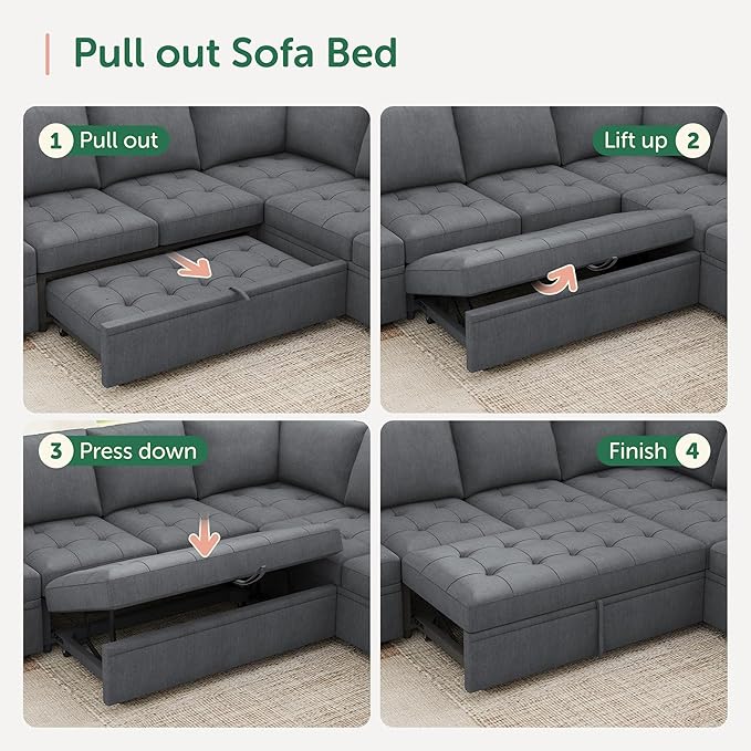 HONBAY Modular Sectional Sleeper Sofa with Pull Out Couch Bed, Convertible Sectional Couches for Living Room,Bluish Grey