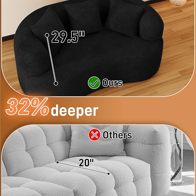 69" Curved Loveseat Sofa for Living Room, Modern Chenille Love Seat Cloud Couch, Luxury Plush Extra Deep Oversized Sofa for Small Spaces, Bedroom, Apartment‌, No Assembly Required, Black
