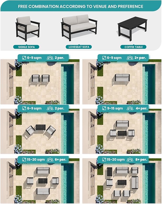 SERWALL Black HDPE Outdoor Loveseat with Khaki Cushions, All Weather Use Outdoor Loveseat Sofa, Black Frame with Khaki Cushions