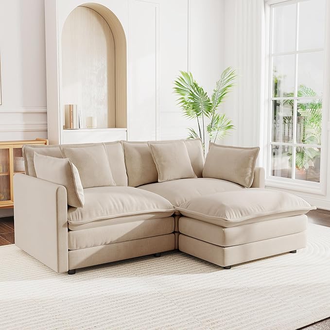 mikibama Modular Sectional Sofa, 76.4 Inch L Shaped Couch Set for Living Room, Loveseat Comfy Cloud Couches with Movable Ottoman, DIY Combination, Chenille, Light Coffee