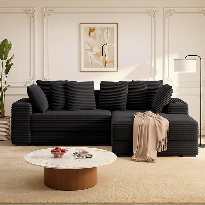 111'' Modular Sectional Cloud Couches with Chaise, L Shaped Extra Large Sleeper Couch Reversible Fluffy Corduroy with 8pcs Pillows for Living Room(Black Right Facing Chaise)
