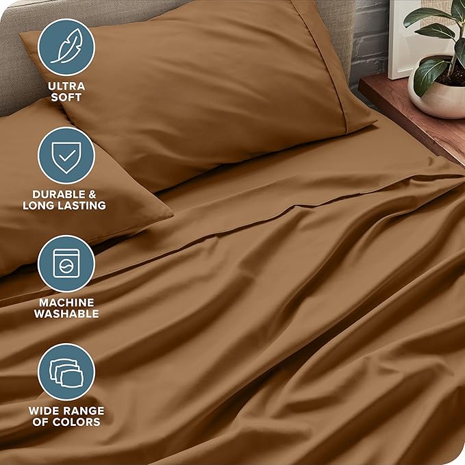 Bare Home Queen Sheet Set - 1800 Ultra-Soft Microfiber Queen Bed Sheets - Double Brushed - Deep Pockets - Easy Fit - 4 Piece Set - Bedding Sheets & Pillowcases (Queen, Caramel)