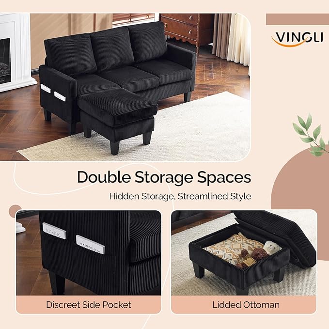 VINGLI 68.5' L Shaped Couch with Movable Storage, Convertible Sectional Sofa in Corduroy Fabric, Modern Reversible Chaise Couch for Small Spaces, Apartment, Living Room，Black
