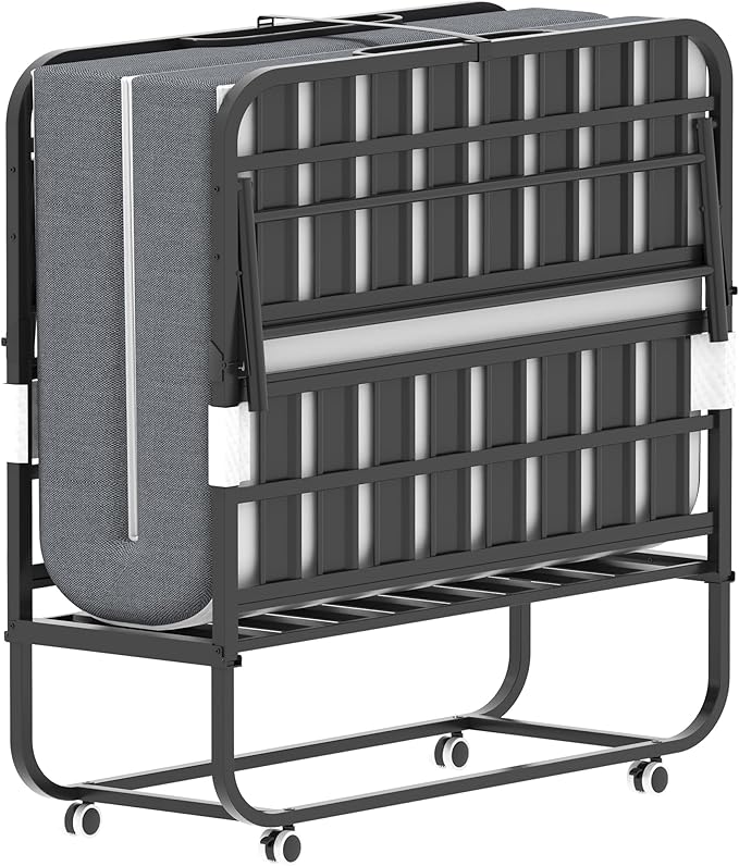 AQY Folding Bed with Mattress for Adults,75" x 46" Portable Rollaway Bed Guest on Wheels with Memory Mattress and Heavy Duty Sturdy Metal Frame,Foldable Bed for Adults,Guest, Twin Size,Cot Size