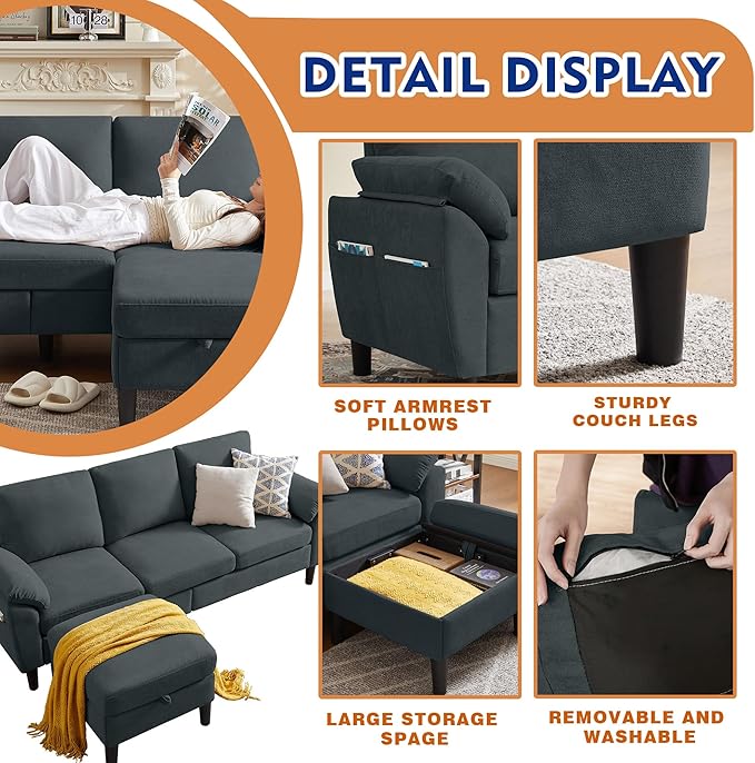 3 Piece Convertible Sectional Sofa Set, Modern Linen Small L Shaped Couch with Reversible Ottoman and Accent Chair, 3-Seat Sofa Couches for Living Room, Office, Apartment, Dark Grey