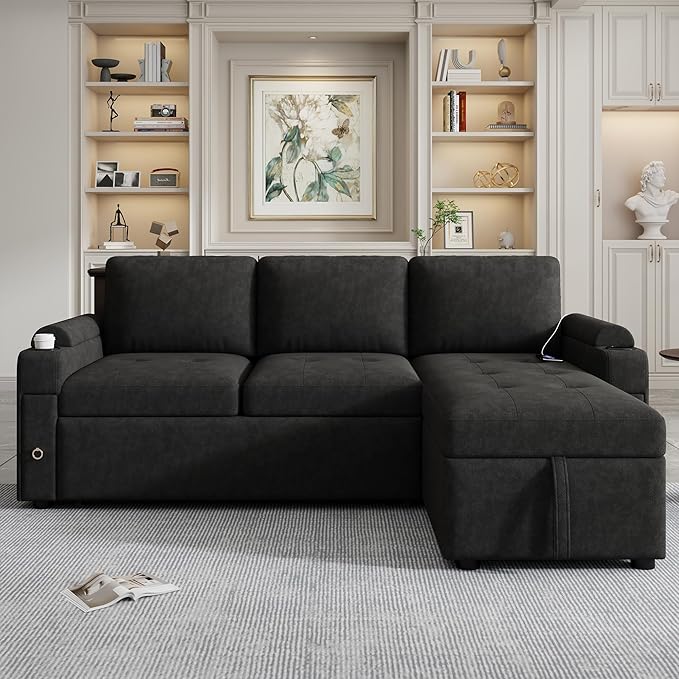 Harper & Bright Designs 83.5" L-Shaped Sofa Couch Convertible Sofa Bed Sectional Sofa with Ample Storage Space, Two Cup Holders and Two USB Ports for Living Room, Black