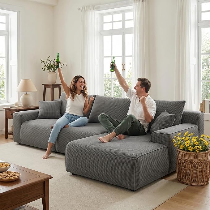 97”Modular Sectional Sofa, Cloud Sectional Couch with Deep Seat, Modern Modular L-Shape Sofa Couch, Upholstered Boneless Couches for Living Room Bedroom (Grey Check, Right Facing Chaise)