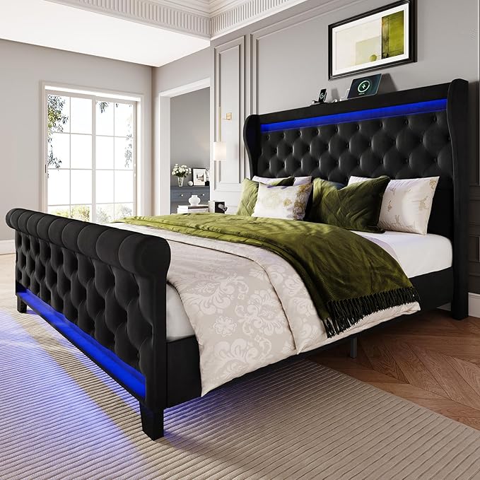 Belffin King Size Bed Frame with Headboard,50" Tall Headboard Upholstered Velvet Platform Bed with LED Lights & 2 USB Port/1 Type C Port, Button Tufted, No Box Spring Needed,Noise Free,Black