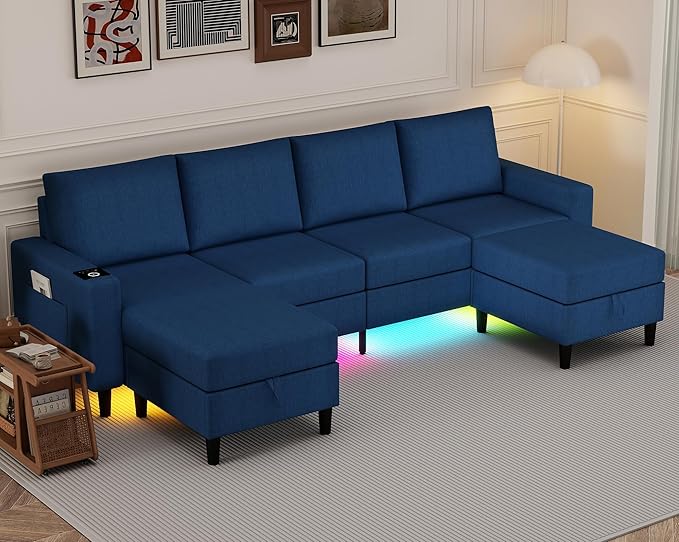 U Shaped Sectional Couches for Living Room, 109" Linen Cloud Couch with Chaise Lounge/Storage Ottoman, 4 Seat Sectional Sofa with Smart Module-Wireless Charging/USB/Type-C/RGB Lights (Blue)