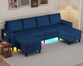 U Shaped Sectional Couches for Living Room, 109" Linen Cloud Couch with Chaise Lounge/Storage Ottoman, 4 Seat Sectional Sofa with Smart Module-Wireless Charging/USB/Type-C/RGB Lights (Blue)