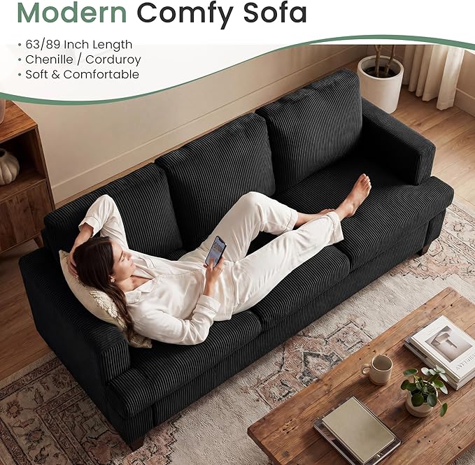 3 Seater Corduroy Couch for Living Room, 89” Black Cloud Sofa, Deep Seat Floor Couch for Bedroom, Futon Modern Sofa Sectional Bed, Black Corduroy