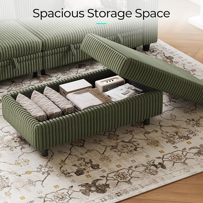 LINSY HOME Sectional Sleeper Sofa - Modular Ottoman Module (Green, Sleeper Sofa Ottoman) | Storage, Convertible, Coffee Table, Plush Corduroy