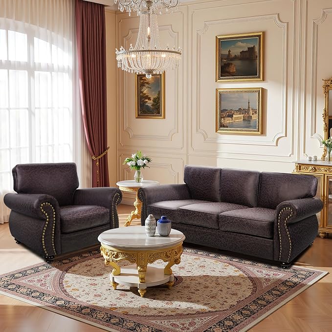 Living Room Furniture Sets,Sofa Sets and Couch Sets for Living Room,Mid-Century Vintage Sofa Couches with Rivet Design (Brown, Single+3 Seater)