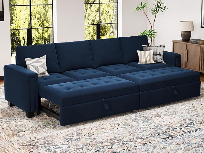 Belffin Modular Sectional Sleeper Sofa with Pull Out Bed Convertible Velvet Sleeper Sofa with Storage Sectional Couches for Living Room Blue