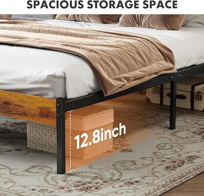 Sweetcrispy Queen Size Bed Frame with Headboard, 800LBS Mattress Foundation with All Sturdy Metal Support, Under Bed Storage, No Box Spring Needed, Easy Assembly, Rust Brown