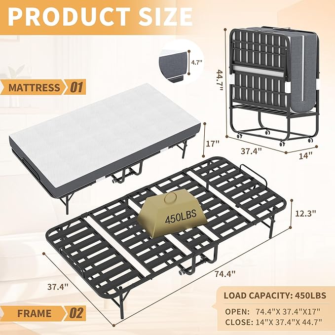 AQY Folding Bed with Mattress for Adults,75" x 38" Portable Rollaway Bed Guest on Wheels with Memory Mattress and Heavy Duty Sturdy Metal Frame,Foldable Bed for Adults and Guest, Twin Size,Cot Size