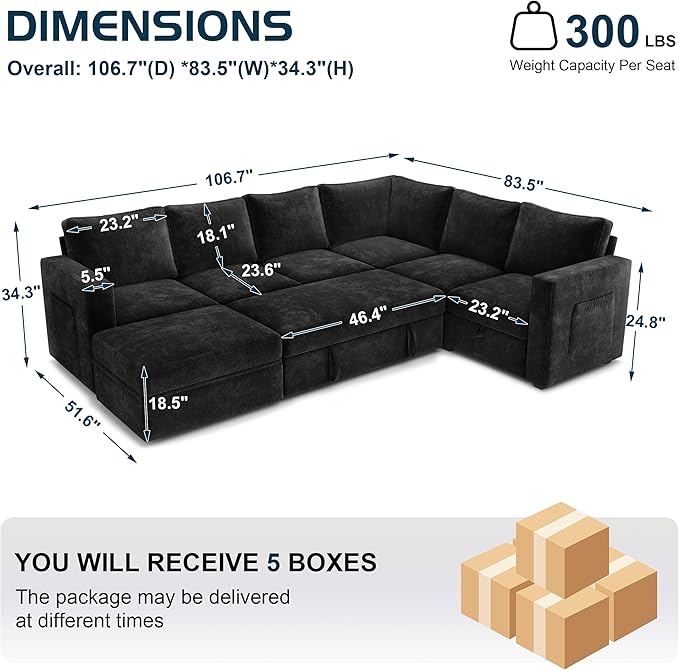 106.7" Sectional Sleeper Sofa with Pull Out Couch, Modern 7 Seat U Shaped Modular Couch, Sectionals Modular Sofa with Storage, Comfy Sectional Couches for Living Room & Apartment, Black
