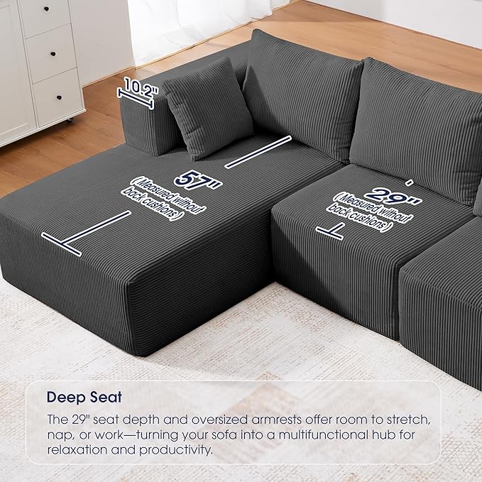 KINGYES 135'' Modular Sectional U Shaped Sofa, Upholstered Corduroy Boneless Couch Cloud Couch for Living Room, Gray