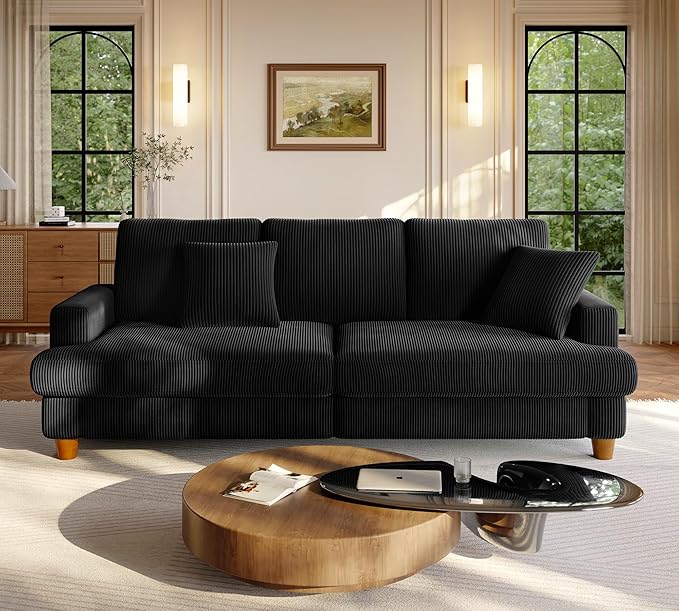 87.2" Couches for Living Room, Comfy Black Couch 7.5" Extra Thick Cushion, Sofas for Living Room Tool-Free Setup, Loveseat Sofa 848lbs Support, Corduroy Couch for Bedroom, Apartment, Office
