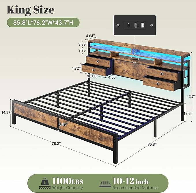 Homkdom King Bed Frame with 2-Tier Storage Headboard and 4 Drawers,Metal Platform Bed Frame with LED Lights & Charging Station,King Size Bed Frame 1100LB-Heavy Duty,No Noise,Rustic Brown