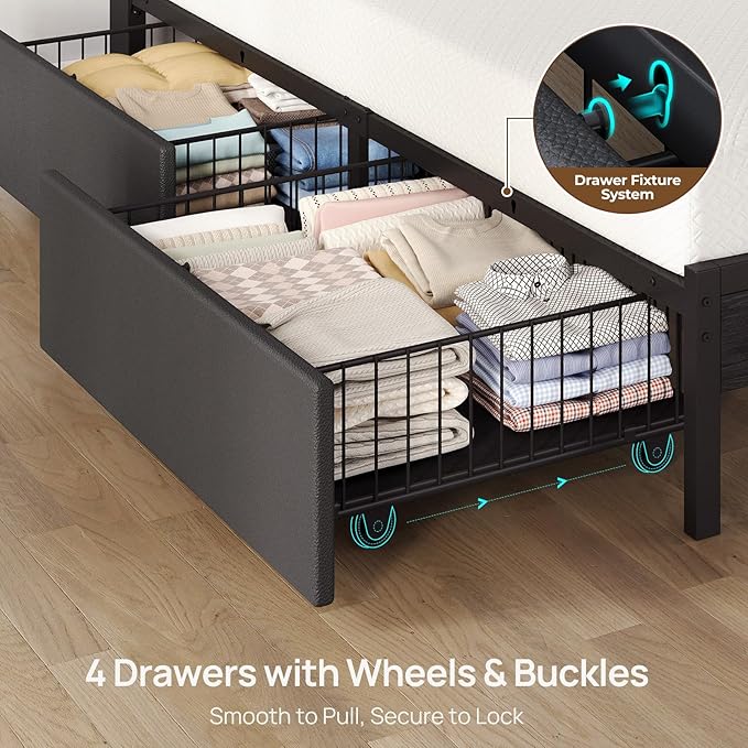 Rolanstar Queen Bed Frame with 4 Drawers, LED Lights and Charging Station, Metal Platform Bed with Storage Headboard, Noise Free, Easy Assembly, No Box Spring Needed, Black