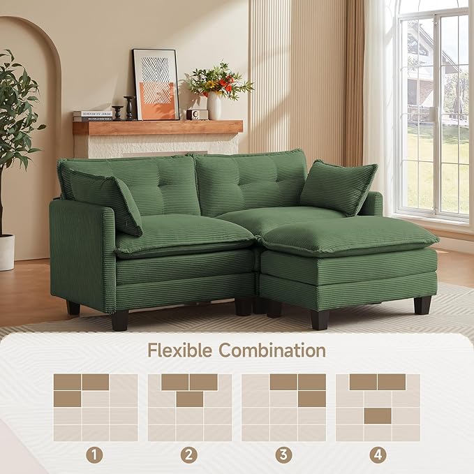Modular Sectional Sofa, 76.5" L-Shaped Corduroy Comfy Sectional Couches for Living Room, 2-Seater Cloud Couches with 1 Movable Ottoman, Flexible Combination Modern Deep Seat Sofa (Green)