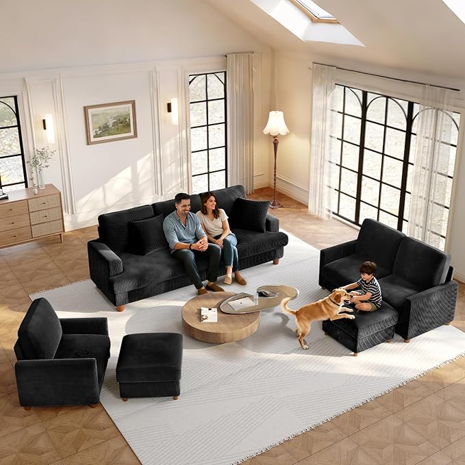 35.3" Couches for Living Room, Comfy Black Couch Single with 22.5" Deeper Seat, Accent Chair Tool-Free Setup, Reading Chair 440lbs Support, Corduroy Couch for Bedroom, Apartment, Office