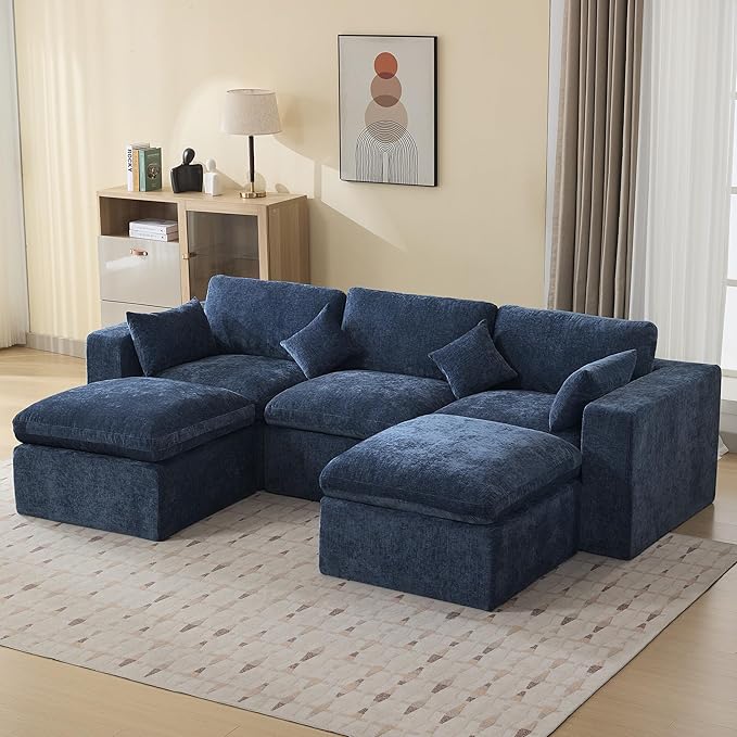 115'' Cloud Boneless Sectional Couch, Modular Sectional Sofa Deep Seat with 2 Ottomans, Oversized Upholstered Convertible Comfy 5 Seater Chenille Sofa U Shape Couches for Living Room, Navy