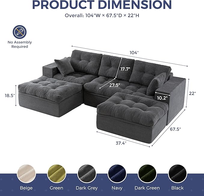 MAXYOYO 104" U Shaped Modular Sectional Sofa with 2 Ottomans, Cloud Boneless Couch with Layered Cushion, Flexible Module Combination Sofa for Living Room, No Assembly Required, Dark Grey