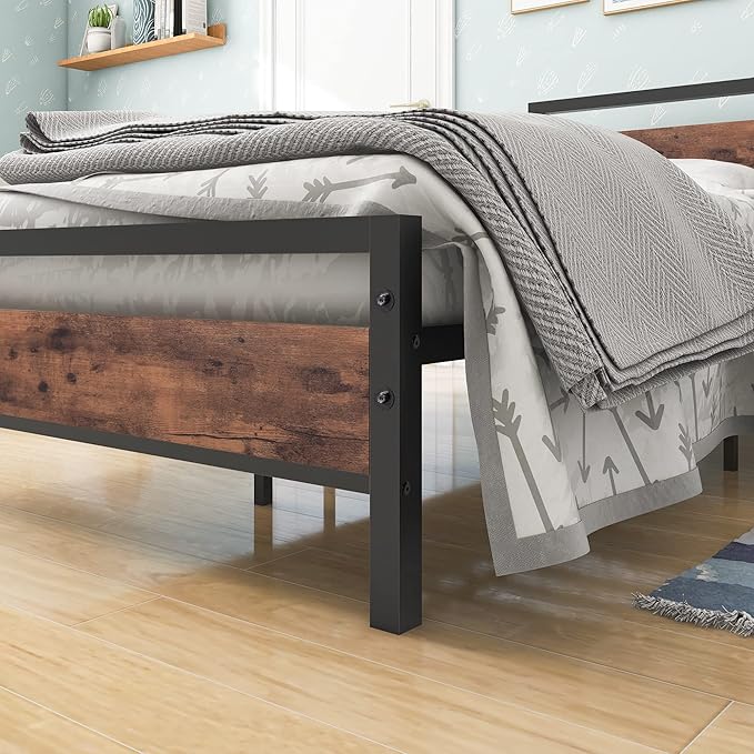 BOFENG Twin Size Bed Frame with Vintage Wood Headboard Farmhouse Bed,Heavy Duty Metal Platform Bed Frames No Box Spring Needed,Firm Mattress Foundation Steel Slat Support Easy Assembly(Brown)